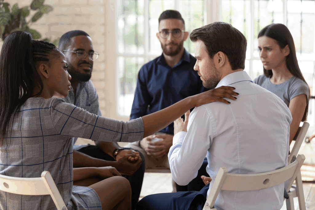 Support group members comforting each other while discussing abuse and mental health