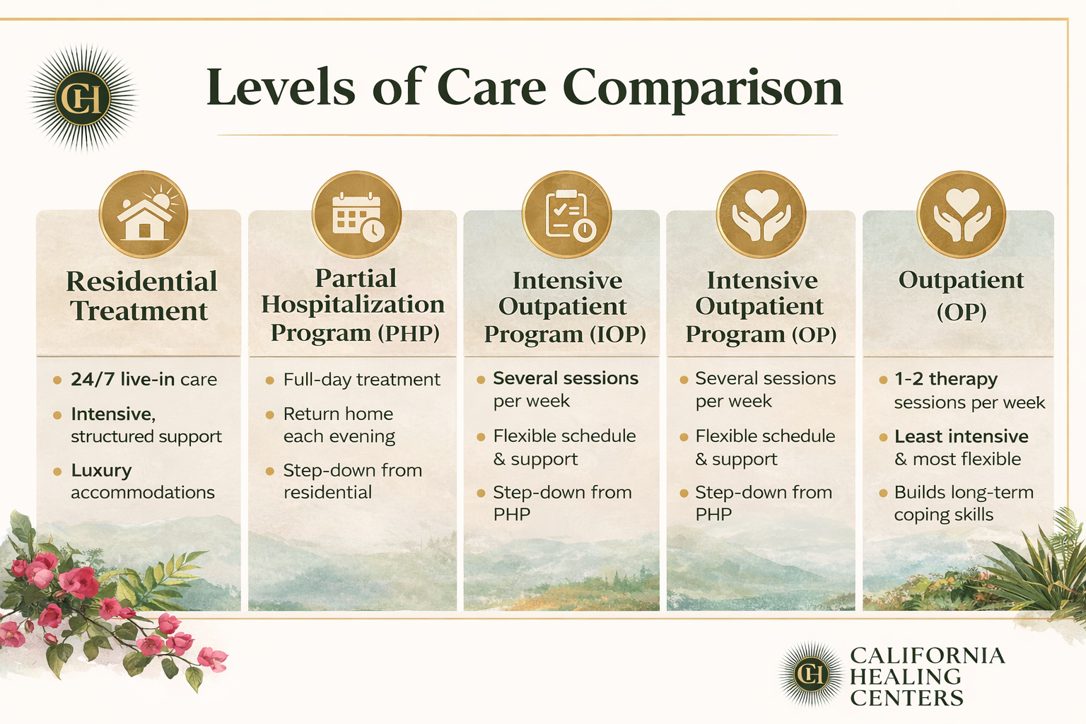LOC Comparison Chart Levels of care comparison for mental health treatment showing residential treatment, PHP, IOP, and outpatient programs with differences in structure, intensity, and support.