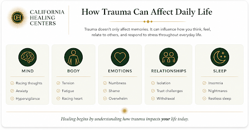 unnamed Infographic illustrating how trauma impacts the mind, body, emotions, relationships, and sleep.